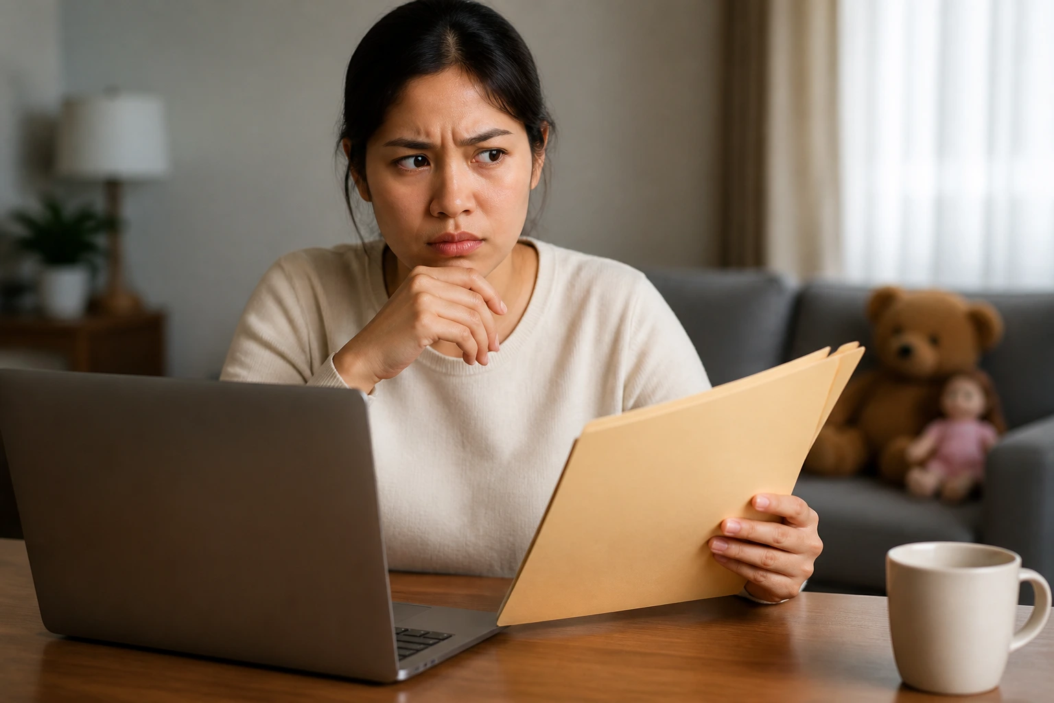 Wary person at a desk with blank folder in a home setting