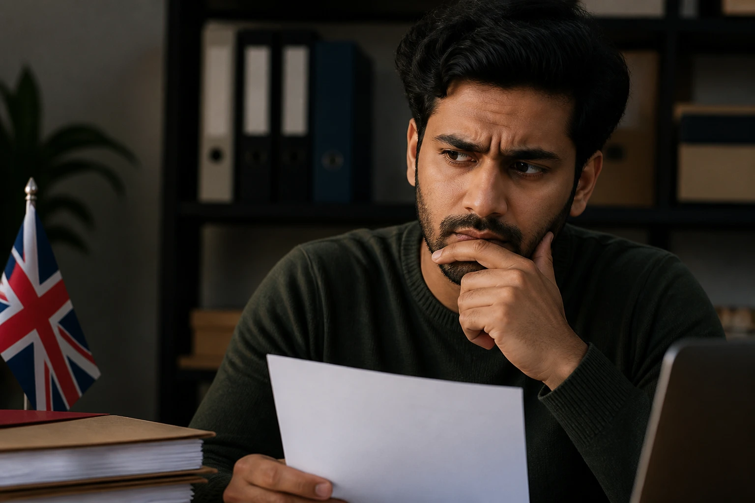 Wary job seeker evaluating overseas sponsorship offers in an office