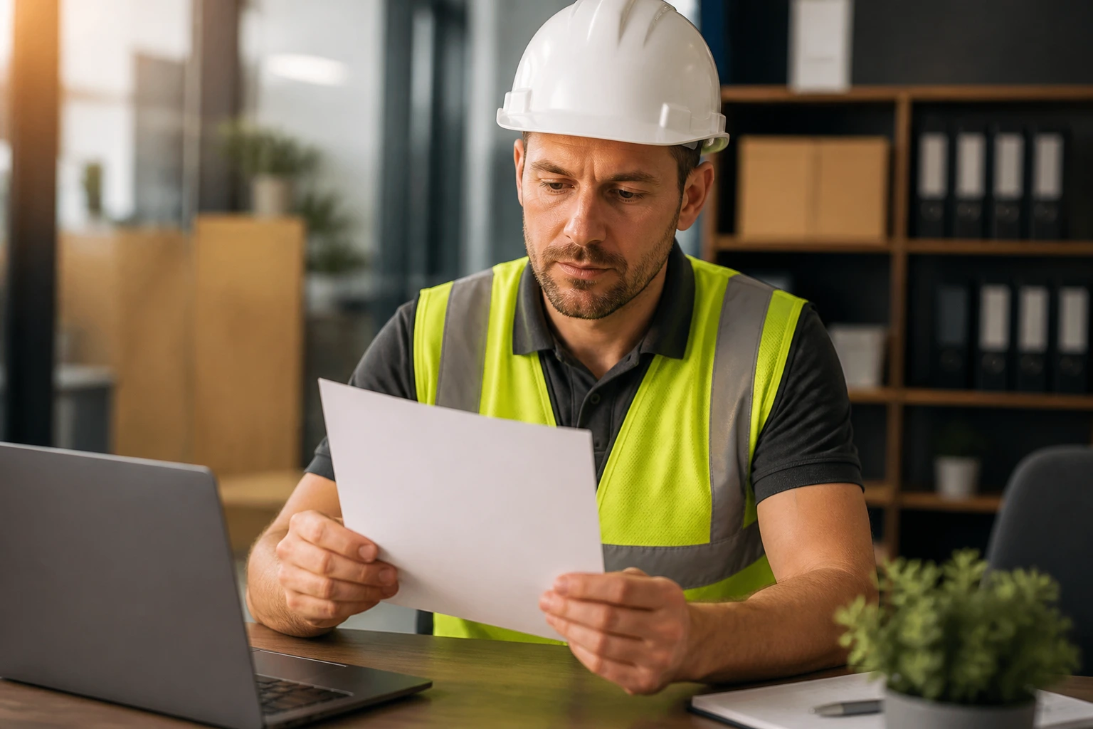 Close-up of a removalist in safety gear holding a blank visa form, illustrating sponsorship process