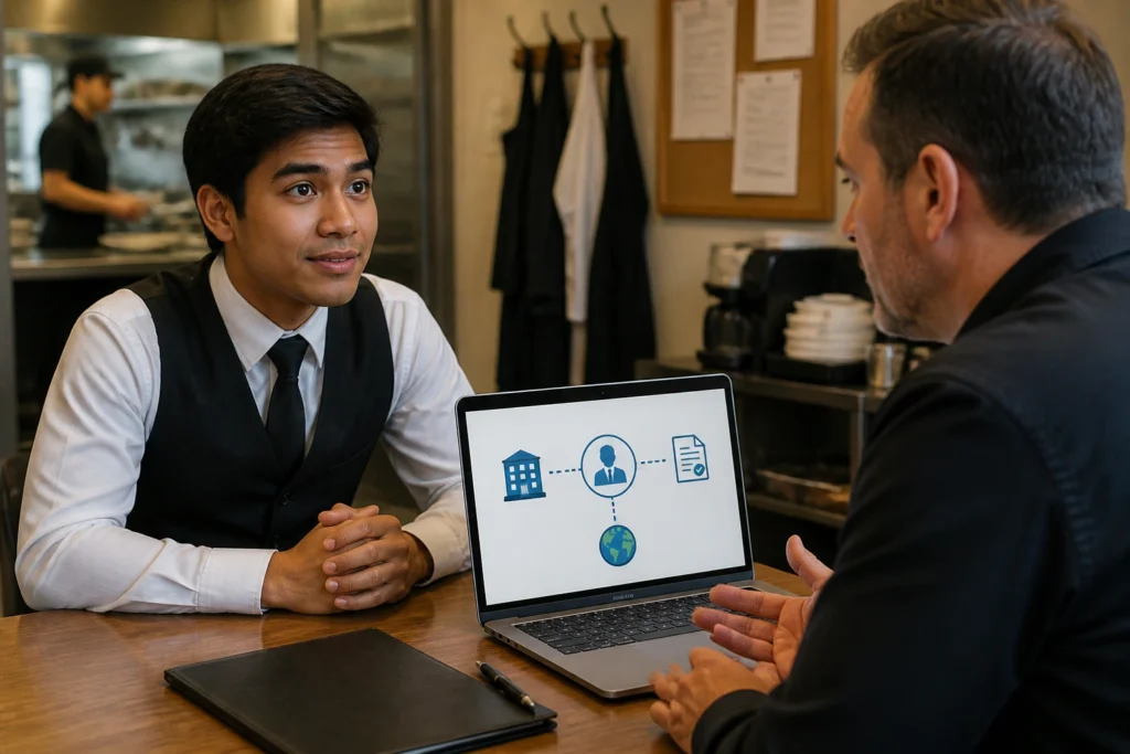 Close-up of worker and manager discussing sponsorship with icon flowchart on laptop