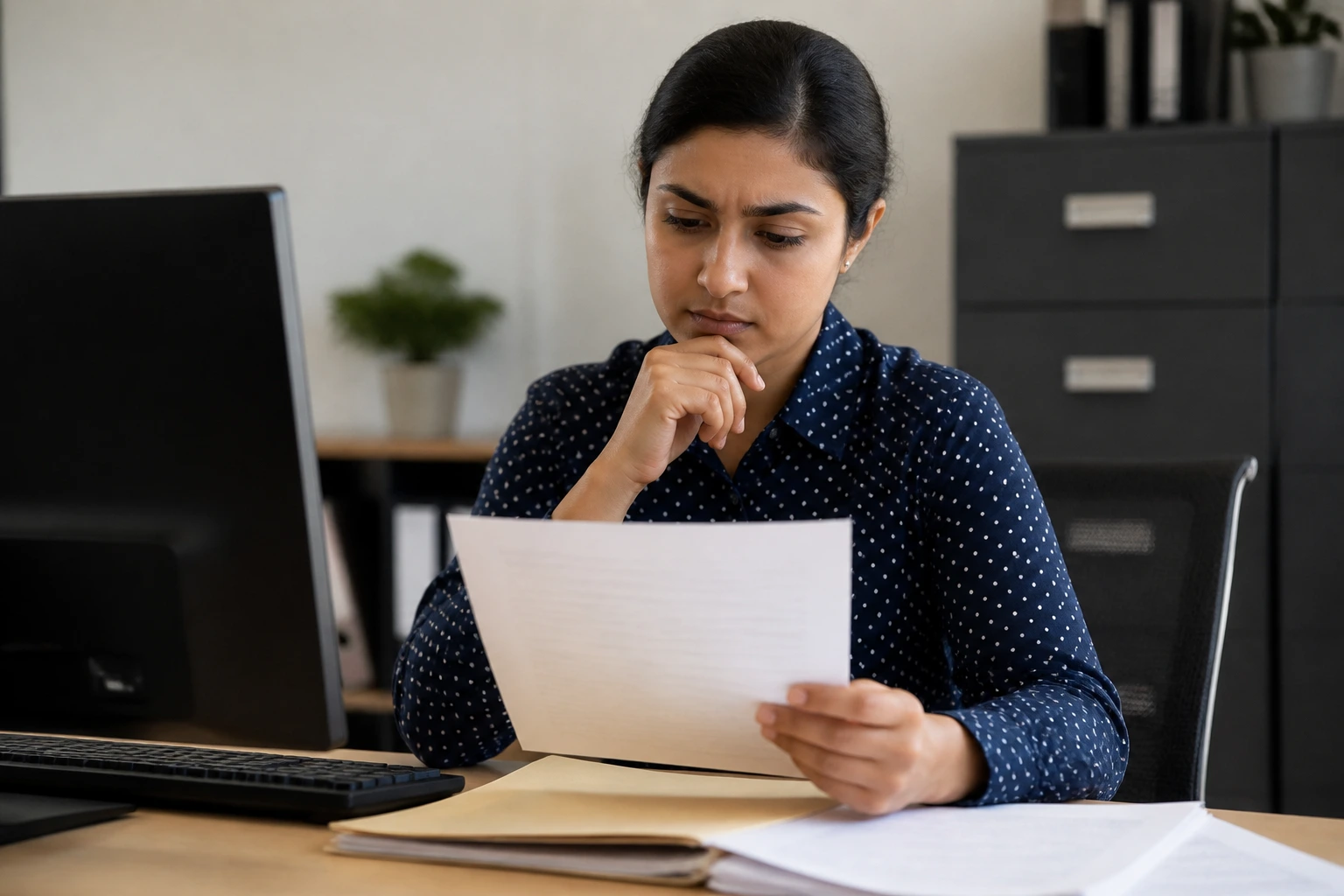 HR professional reviewing sponsorship documents in an office setting