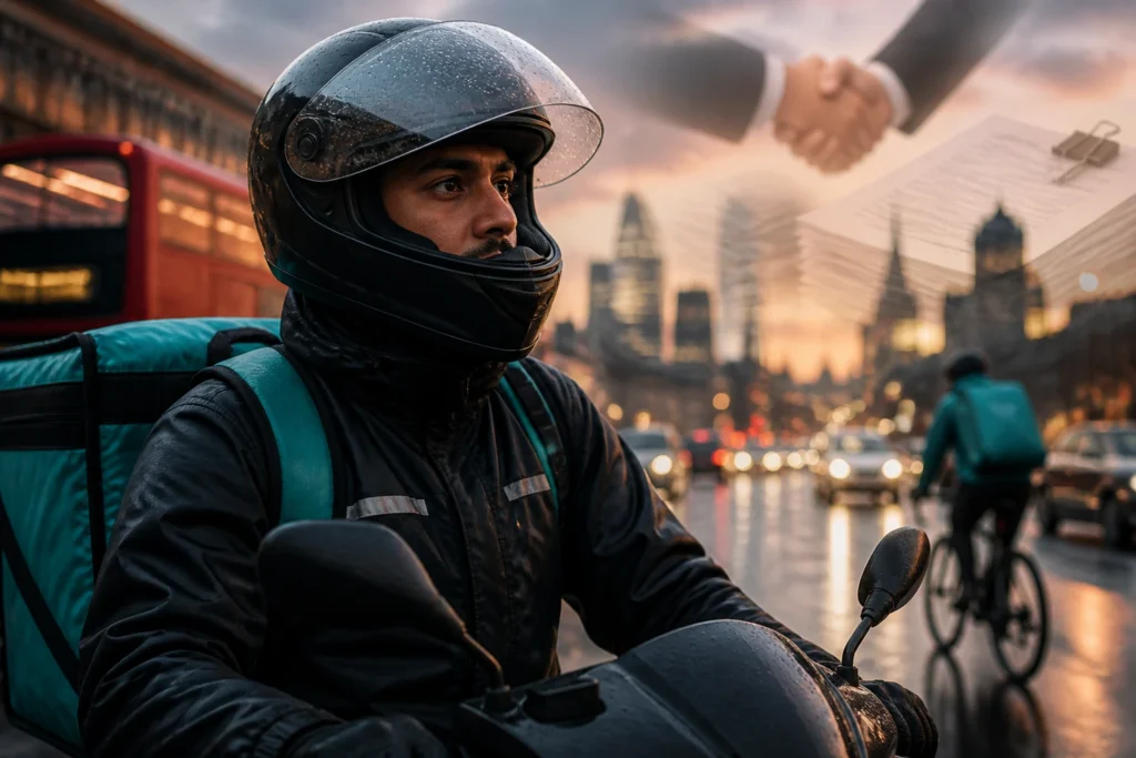 Rider in urban setting with abstract background suggesting sponsorship considerations