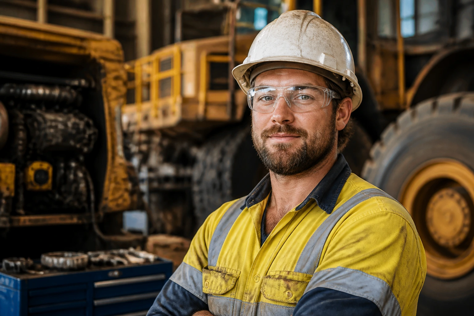 Skilled mining professional in PPE in a workshop environment