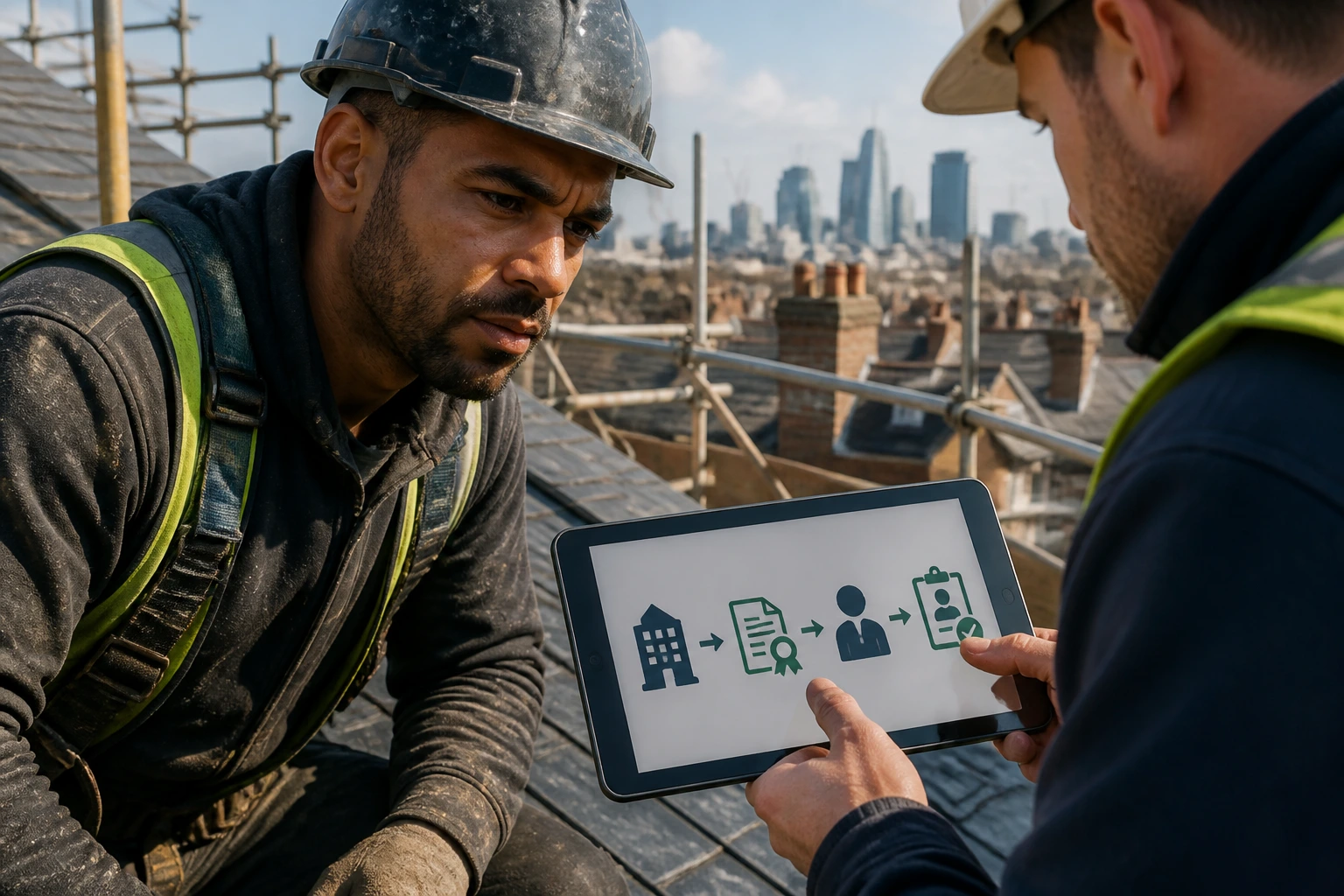 Roofer on a roof looking at a tablet representing visa sponsorship process