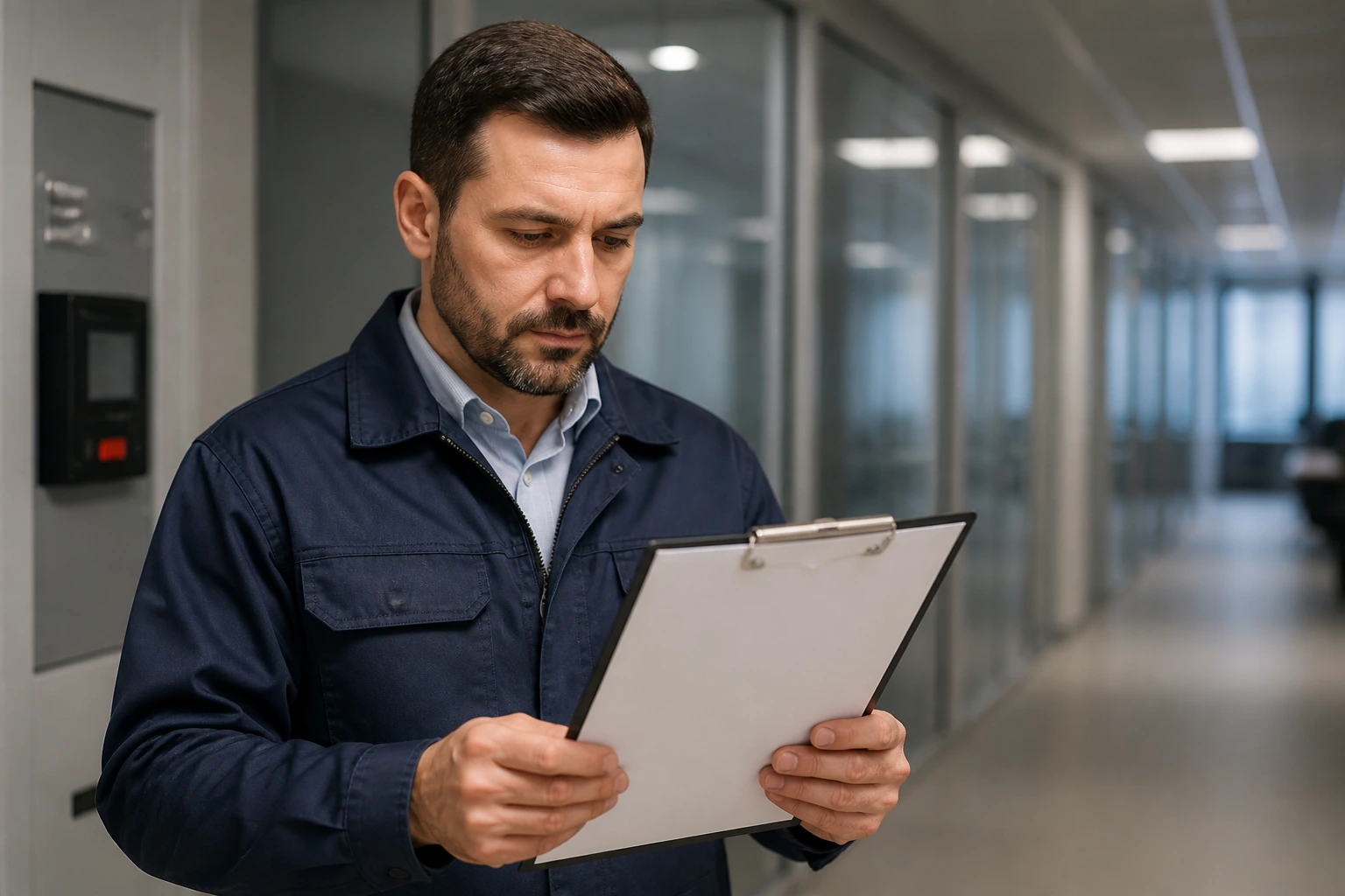 Facilities manager evaluating visa sponsorship options in office