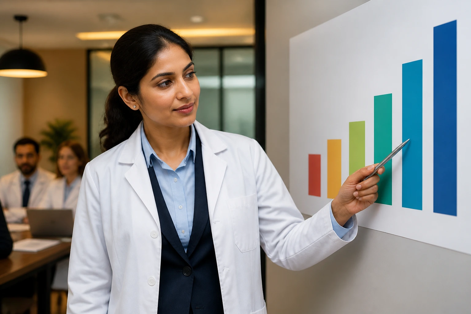 Portrait of a pharmacist evaluating a visual salary chart with no text, in a modern office