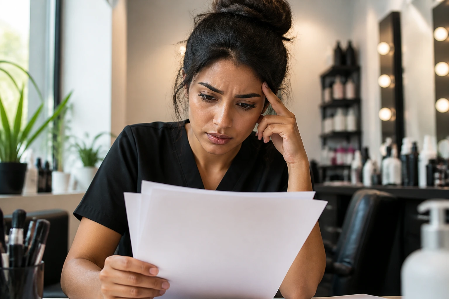 Close-up of a diverse beauty professional in a salon examining blank sponsorship documents