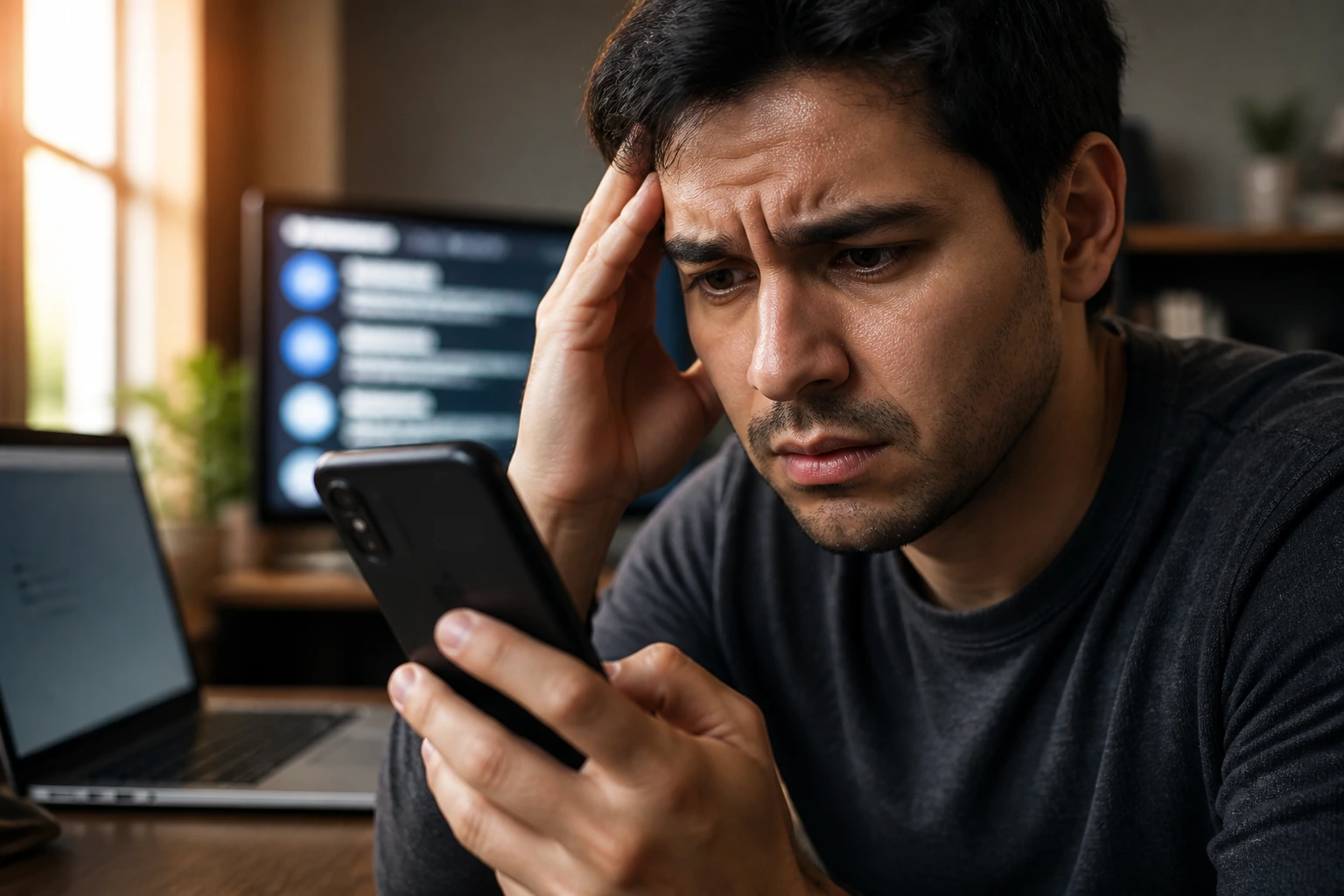 Close-up of a worried job seeker examining a smartphone in a dim home office, symbolizing scam awareness.