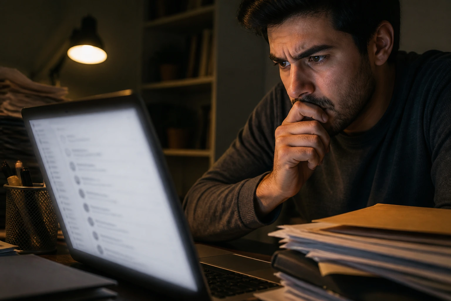 Person at a desk looking at a laptop with blurred email interface, cautious expression