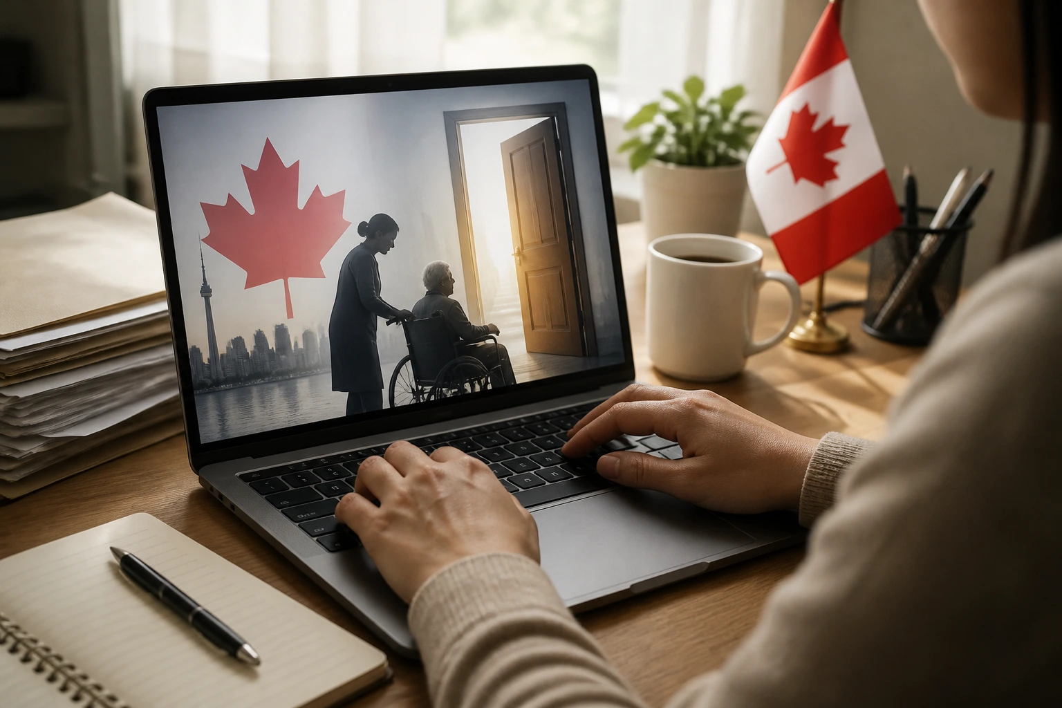 Close-up of hands on a laptop in a home office, hinting at fake or deceptive visa sponsorship offers