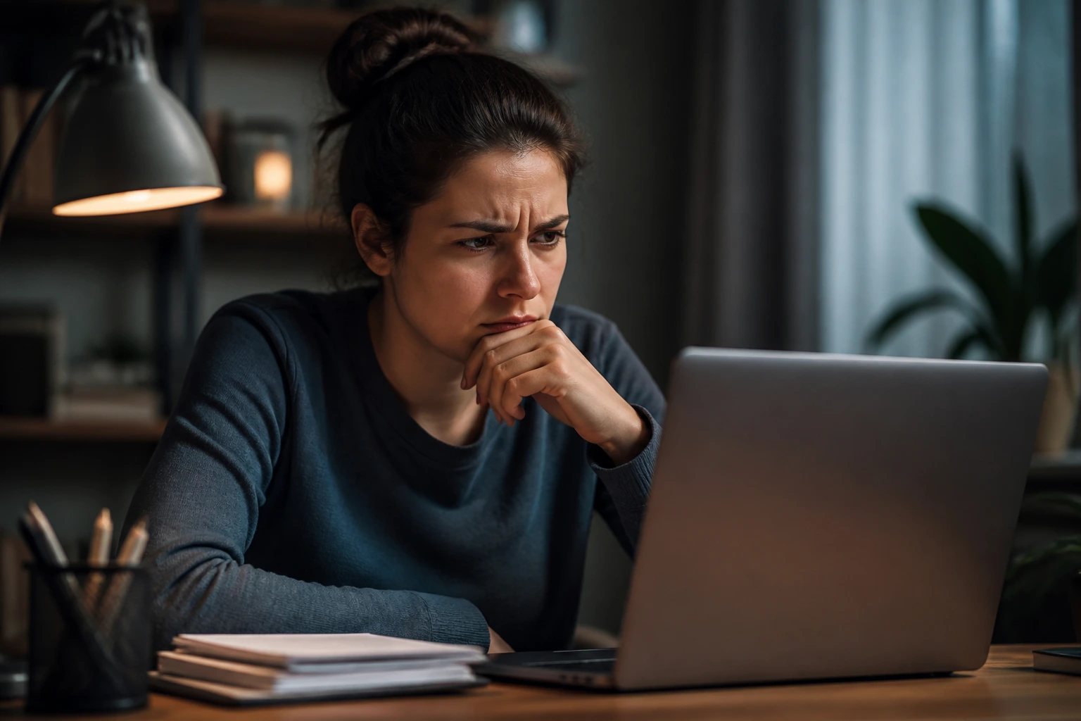 Wary job seeker looking at laptop screen about sponsorship