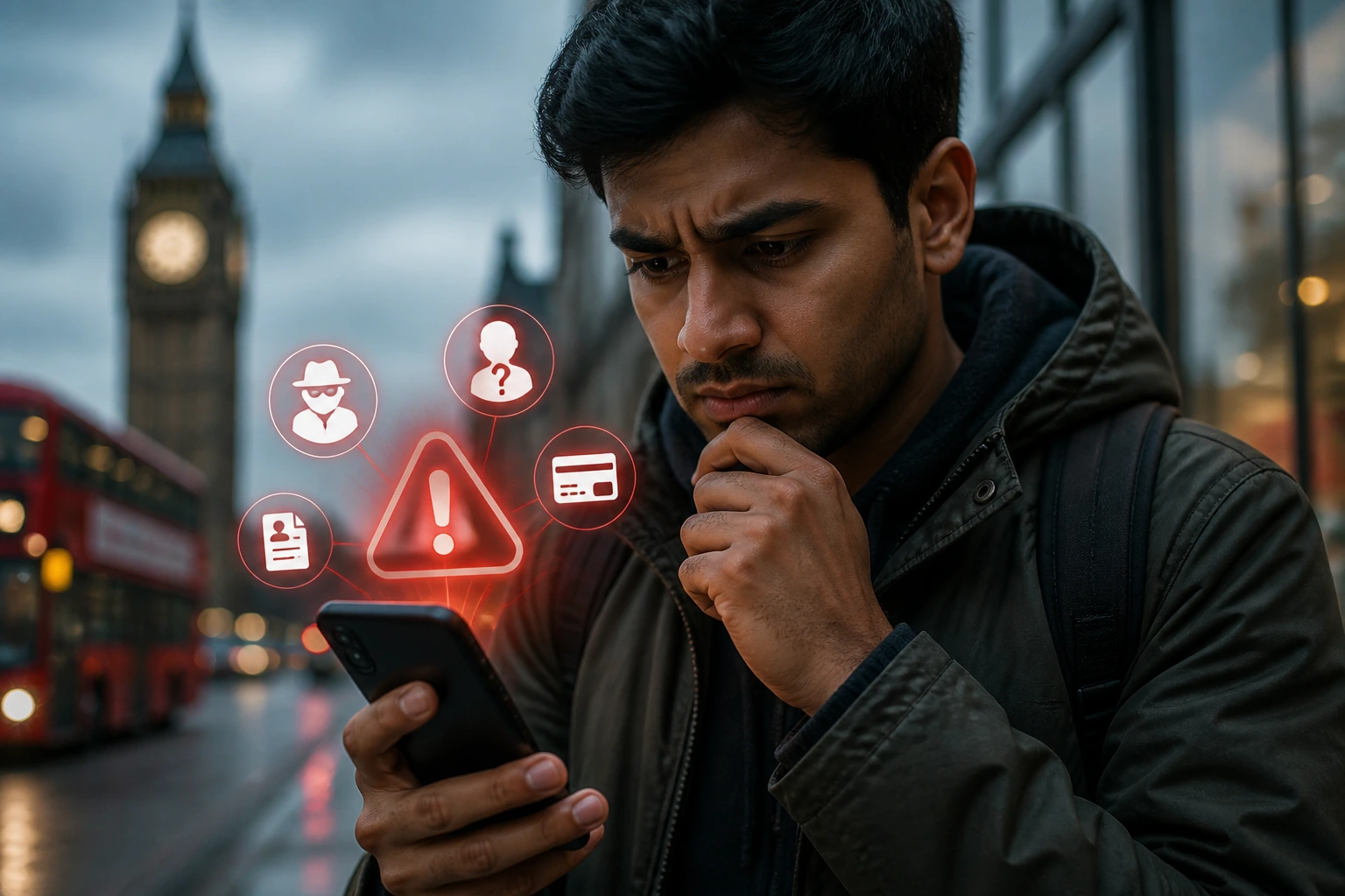 Person looking at a smartphone with suspicious messages, urban background