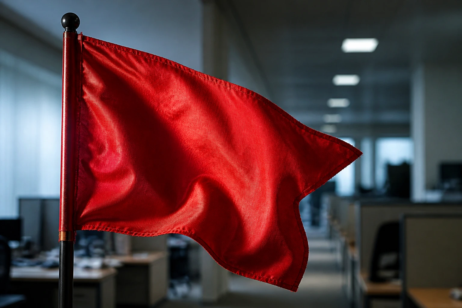 Close-up of a single red flag dominating a dim office corridor, symbolizing visa sponsorship scam warnings