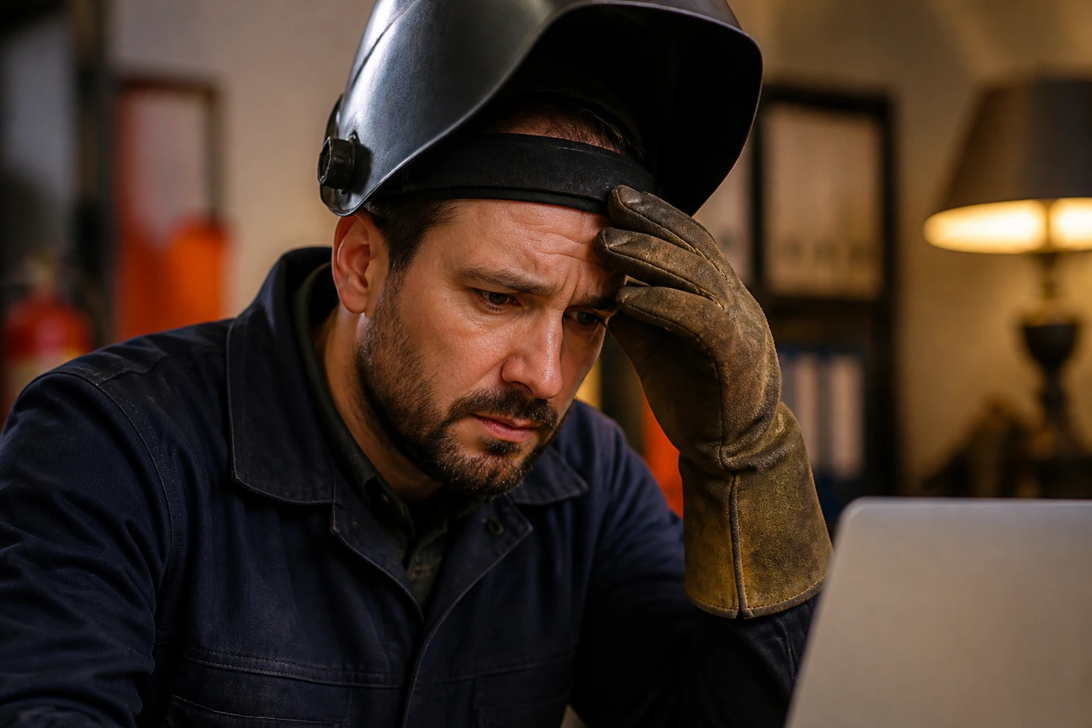 Welders face showing concern while reviewing visa application pitfalls; no text
