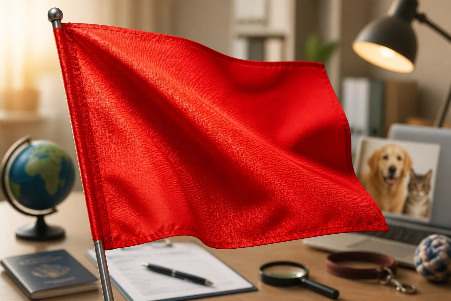 Red flag dominates an office desk scene, hints at scam warnings