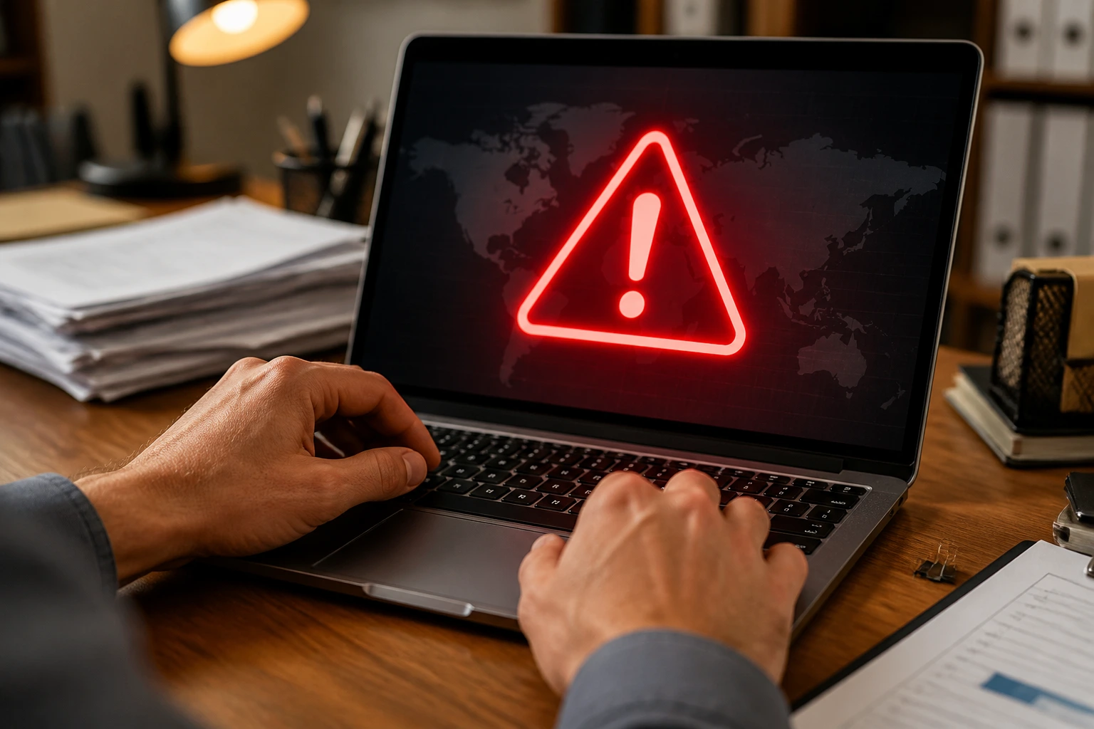 Close-up of hands at a laptop with a red warning icon, symbolizing scams in overseas job offers