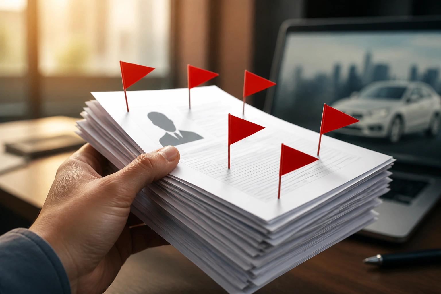 Close-up of red warning pennants above documents signaling visa sponsorship scams