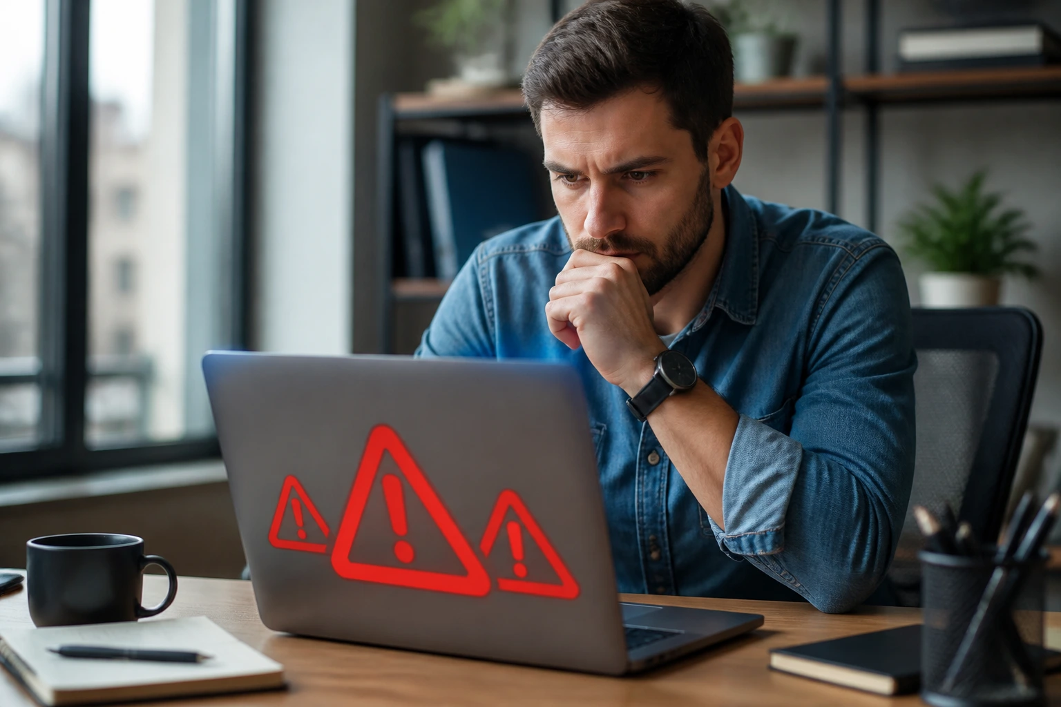 Concerned professional looking at a laptop with red warning icons (no text)