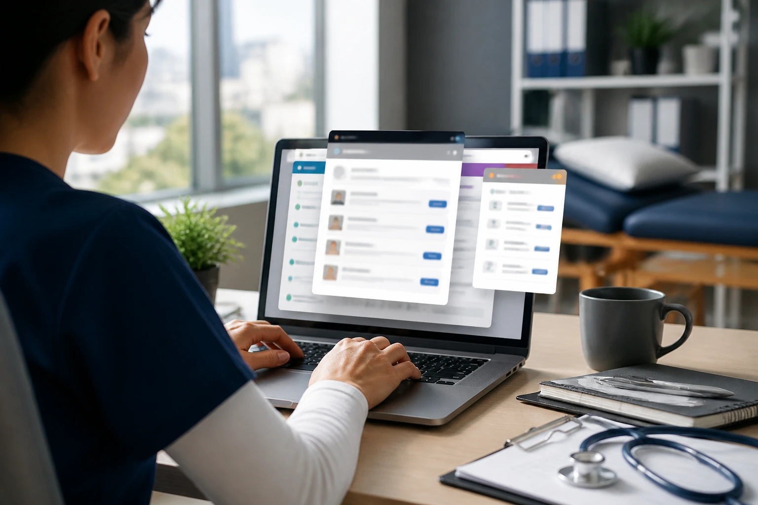 Close-up of a professional at a desk using a laptop to search for sponsorship-enabled PT jobs.
