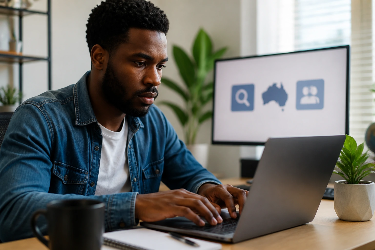 Job seeker researching visa sponsorship petrol station roles on laptop at home office.