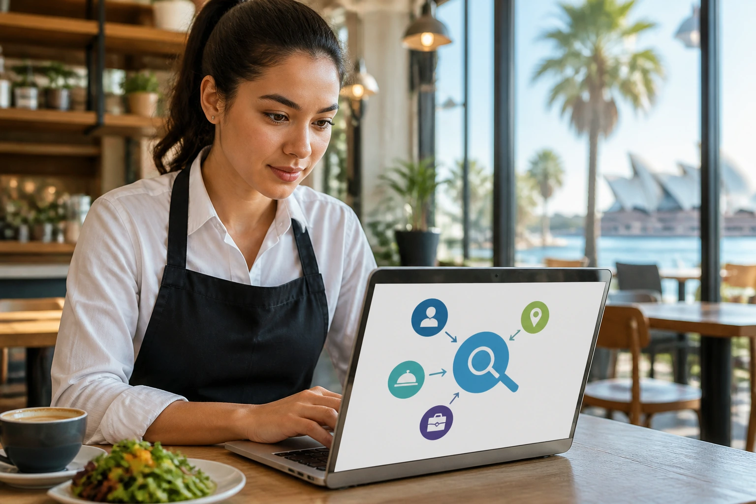 Person at a laptop in a cafe, exploring visa sponsorship through abstract search icons.