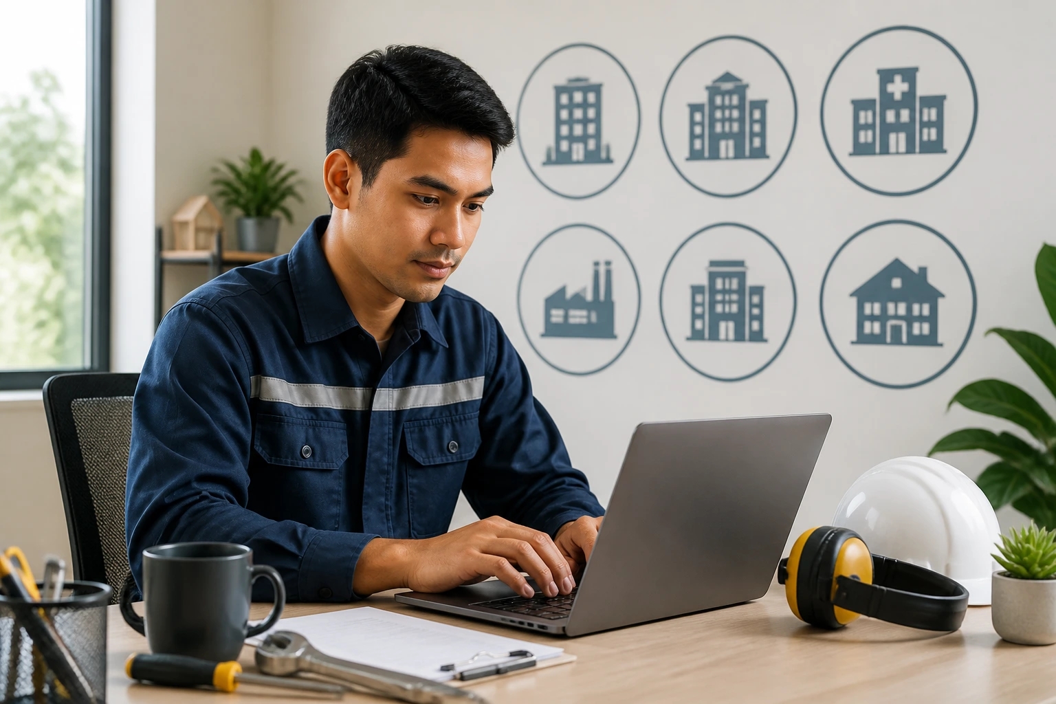 Person researching sponsored maintenance jobs on a laptop in an organized office