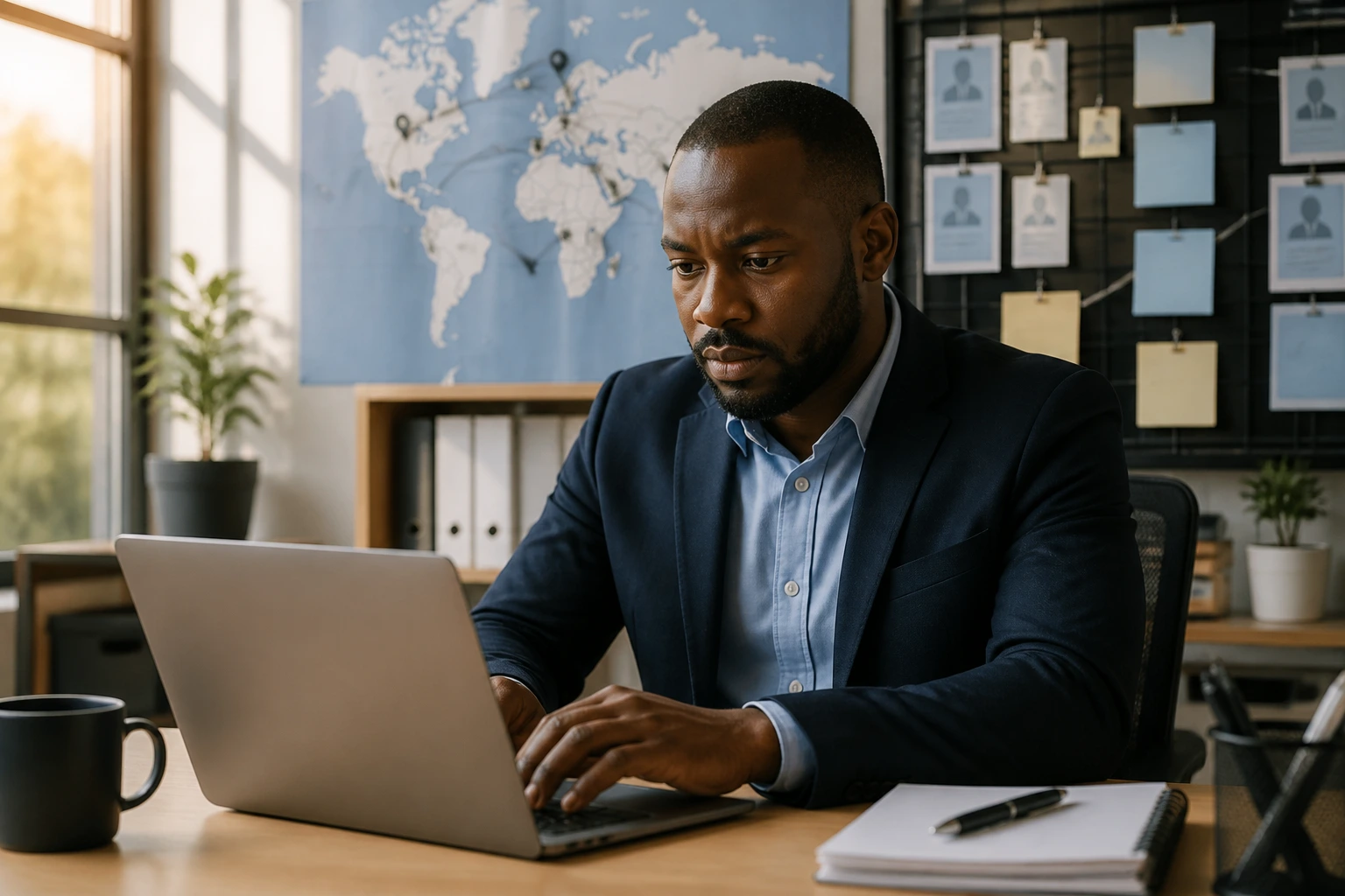 Professional researching visa sponsorship and local security jobs on a laptop.