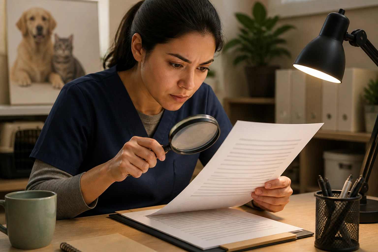 Person examining a job advertisement page with a magnifier in a quiet office.