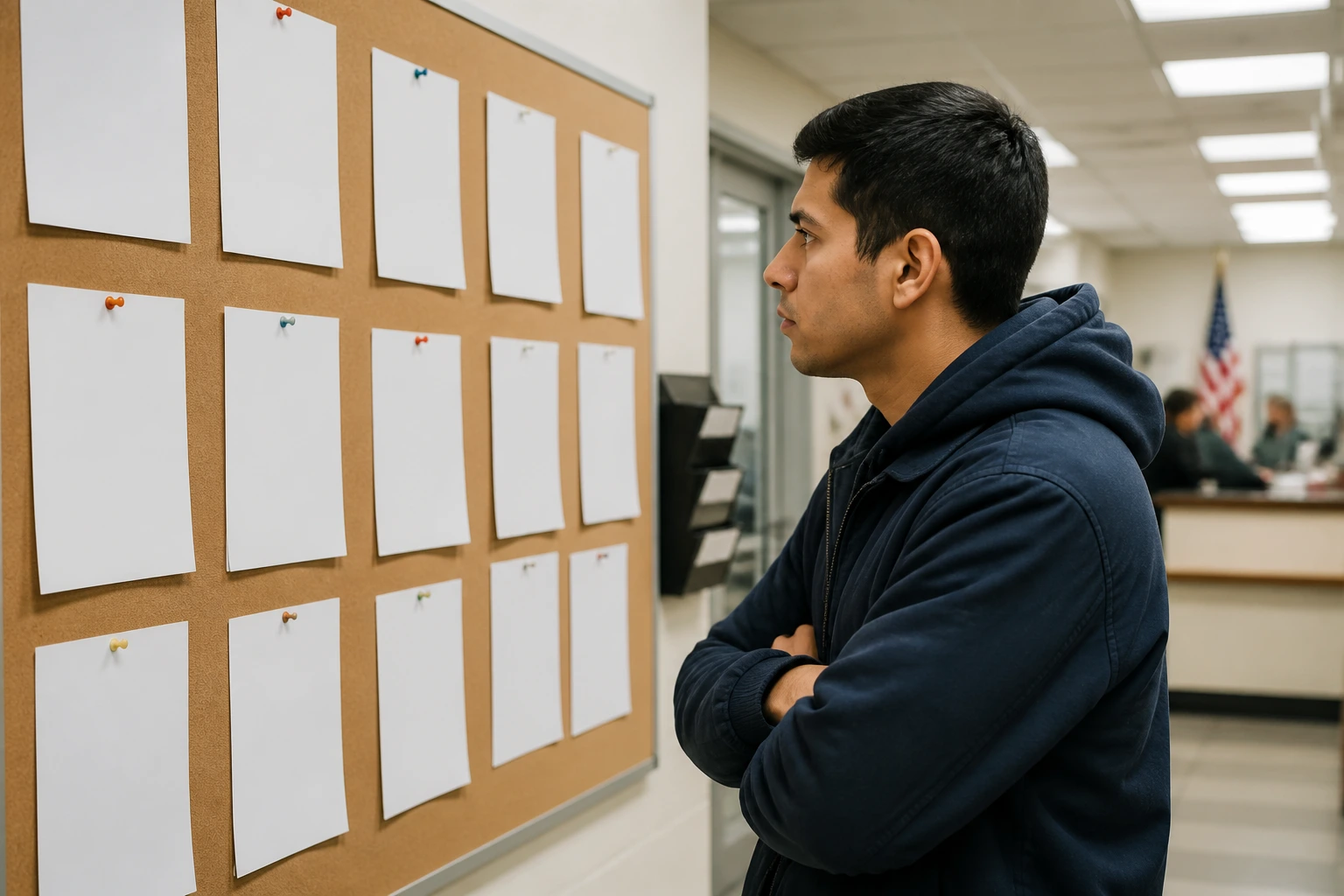 Portrait at a bulletin board with blank notices, suggesting official H-2B sponsorship sources in a government office