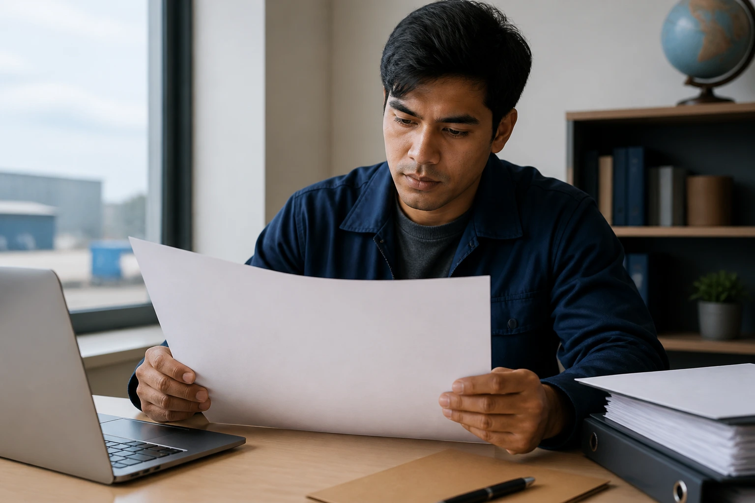 Close-up of a person reviewing a blank contract at a desk, illustrating post-offer steps