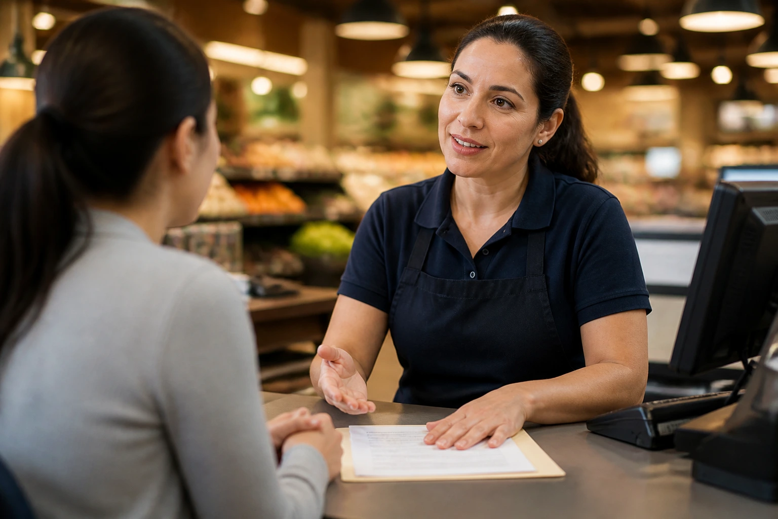Medium close-up of a supervisor and applicant at a store counter with documents
