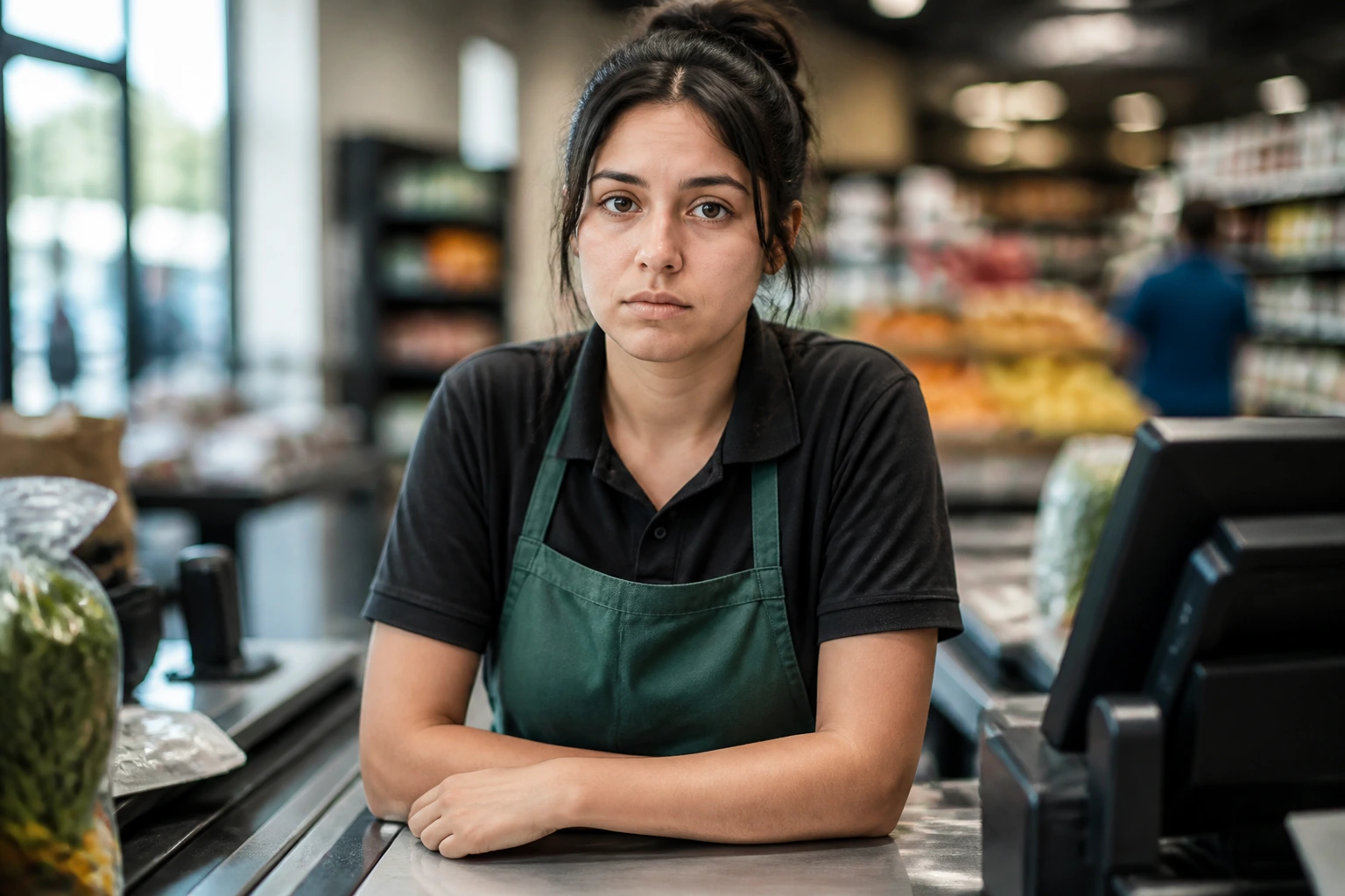 Close-up of a thoughtful supermarket cashier at a checkout with store activity blurred in the background
