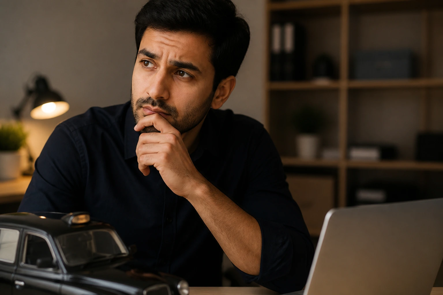 Contemplative applicant in a small office environment suggesting sponsorship challenges.