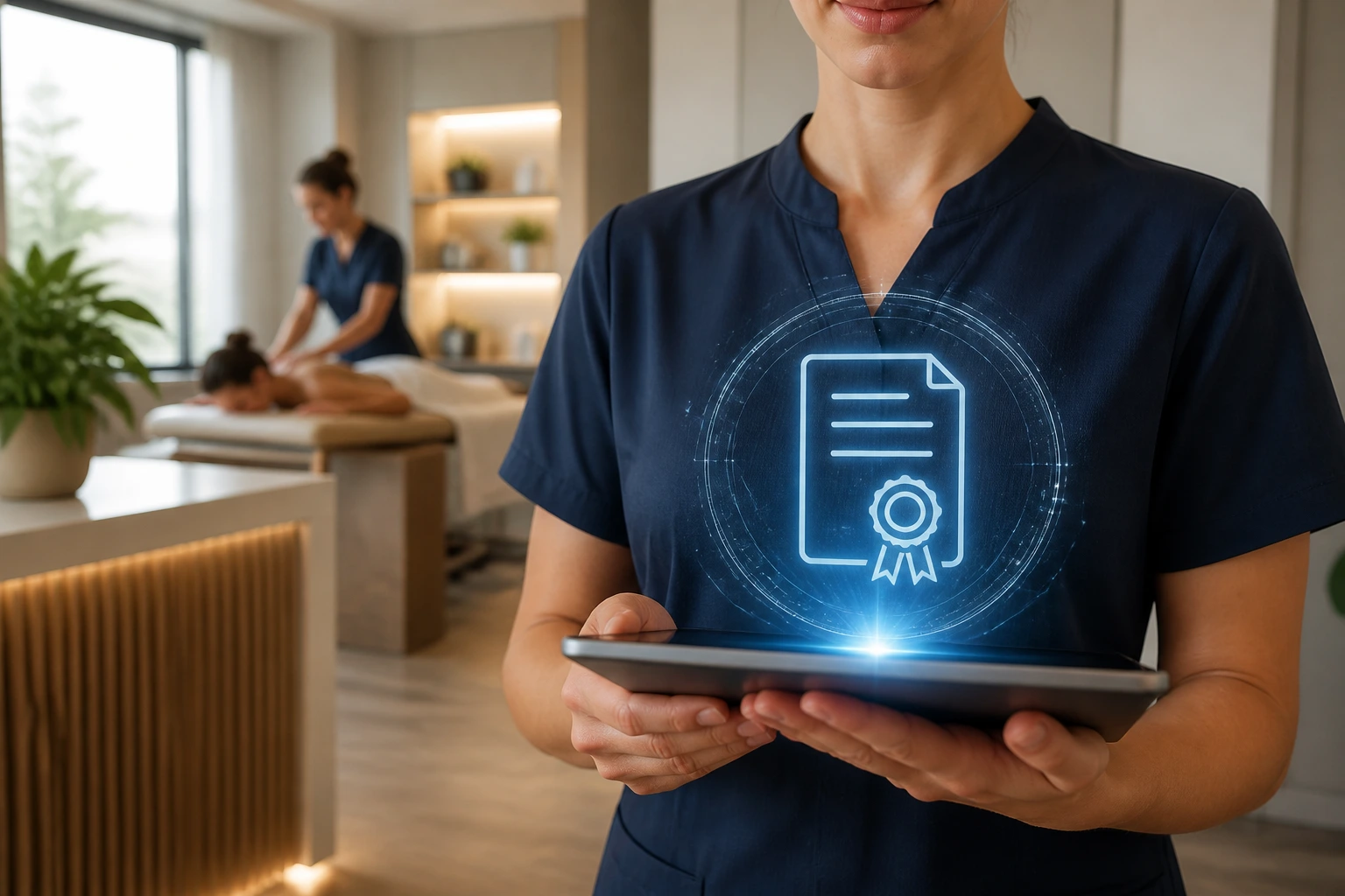Close-up of a therapist's hands with tablet showing holographic certificate icon in a clinic