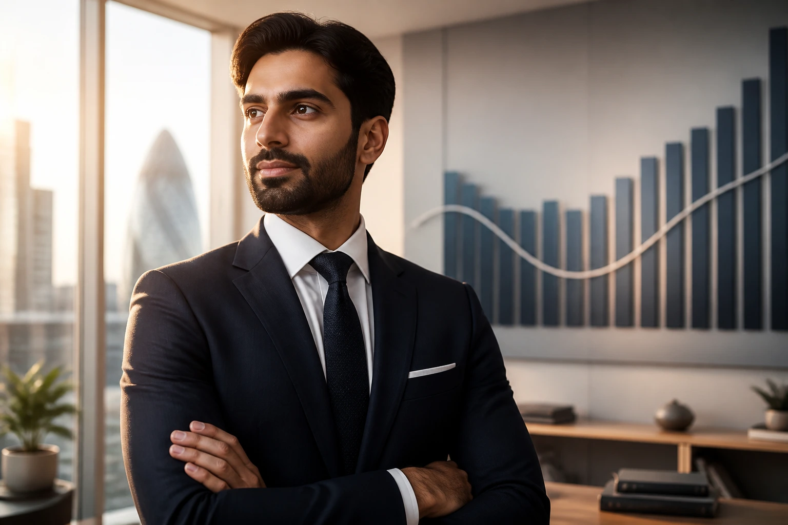 Professional in suit in a modern office with abstract graph background illustrating visa sponsorship thresholds.