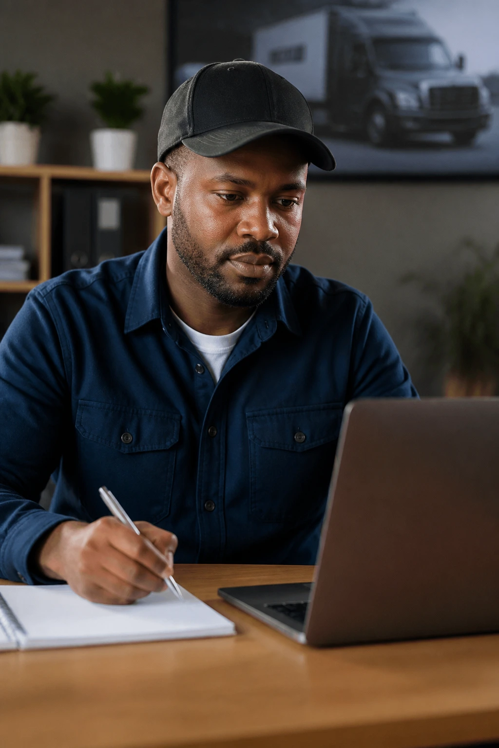 Professional planning job search for truck driver visa sponsorship at a desk