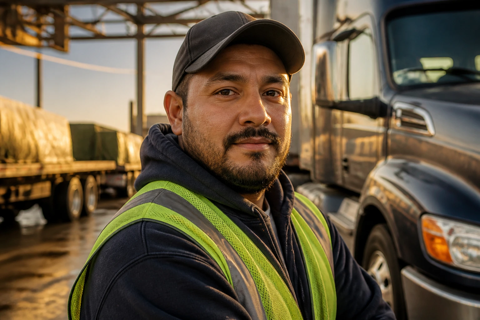 Close-up portrait of a truck driver in a yard, illustrating visa sponsorship meaning