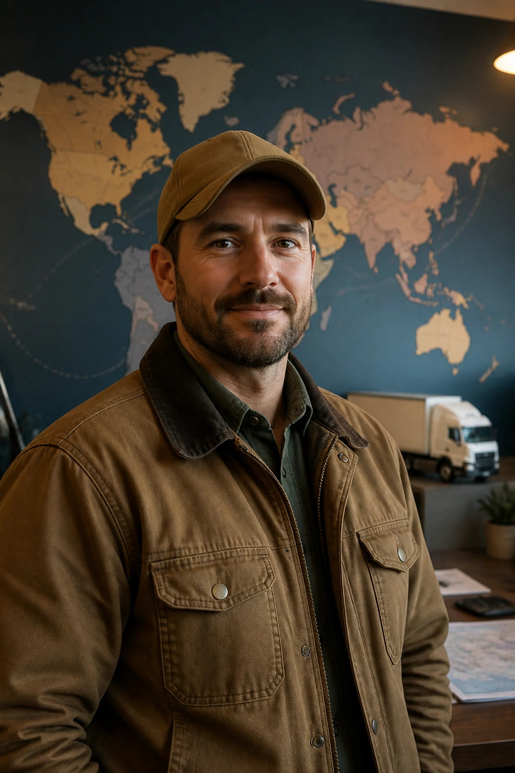 Truck driver in front of world map mural in logistics office