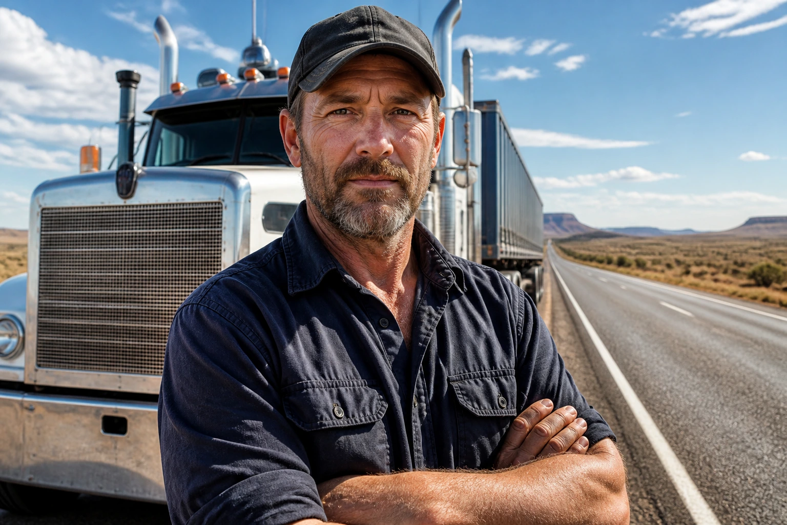 Truck driver in front of a large truck on the road, representing visa sponsorship realities.