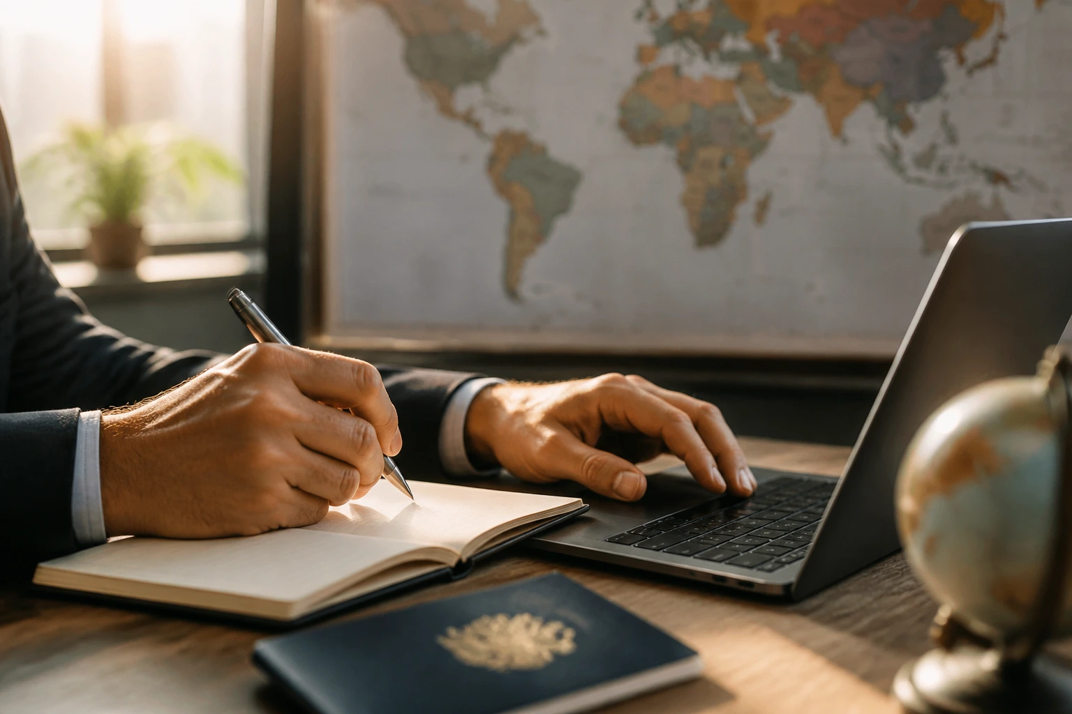 Close-up of hands on a notebook and laptop representing visa sponsorship landscape