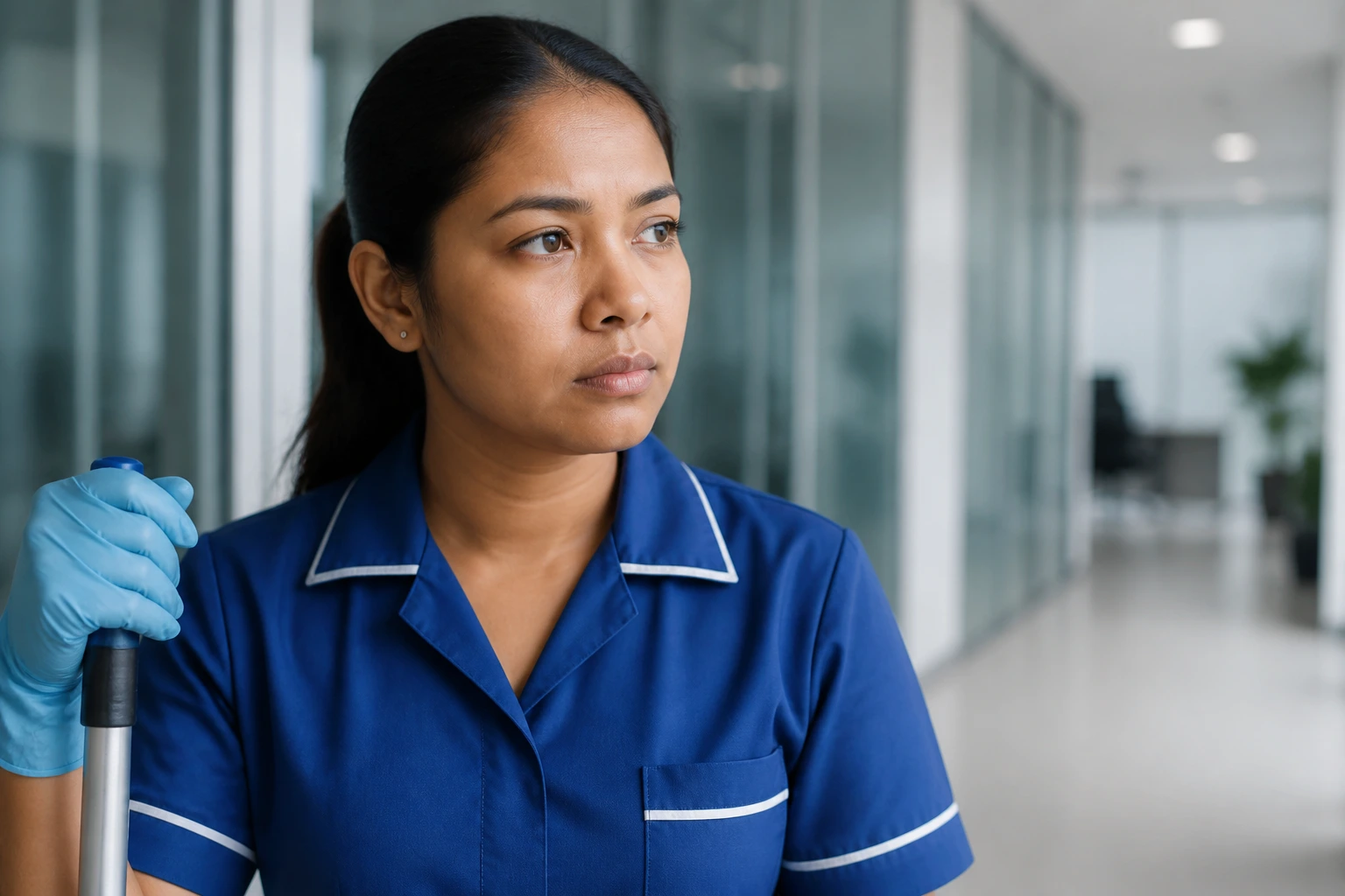 Close-up portrait of a cleaner in blue uniform in a modern office corridor