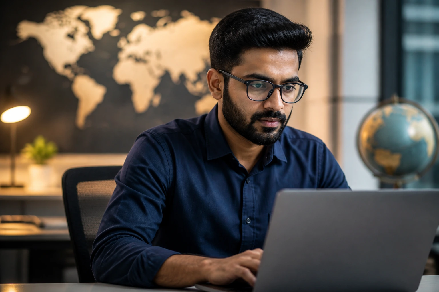 Portrait of a cloud engineer in a UK office with global sponsorship theme.