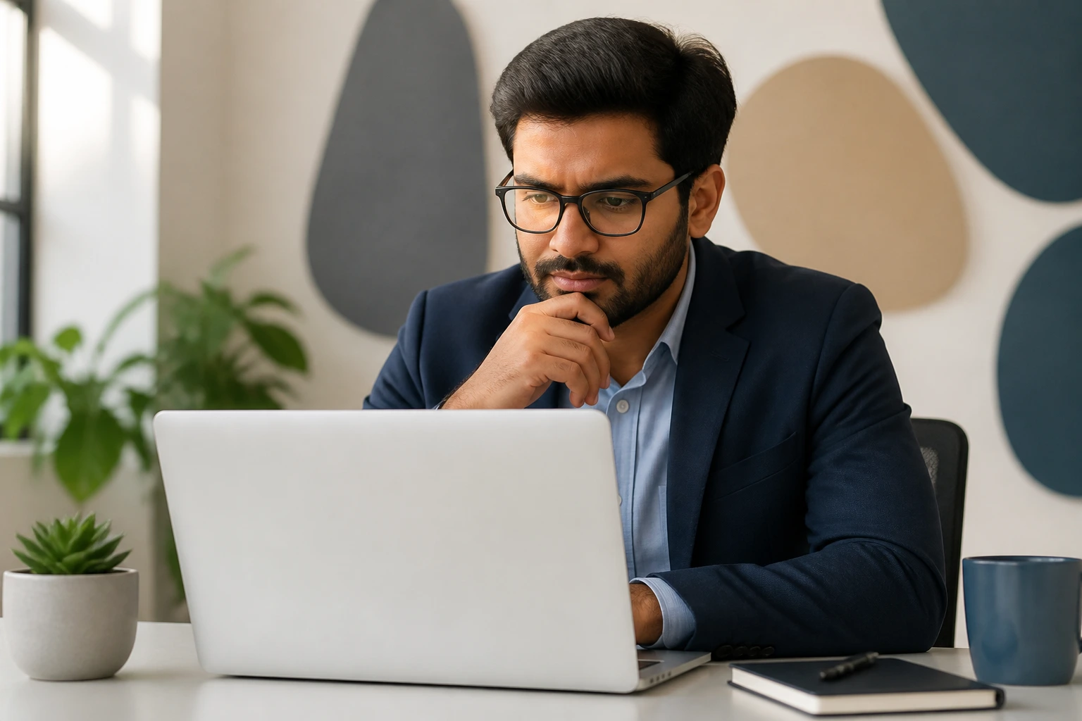 Medium close-up of a professional evaluating visa sponsorship options at a desk.