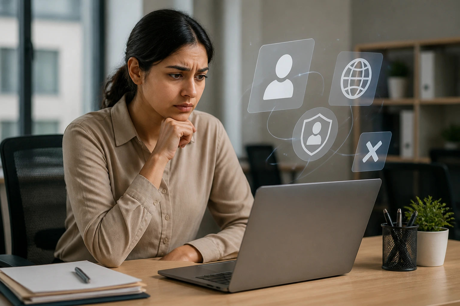 Person at desk examining a laptop with abstract visa icons above, no text