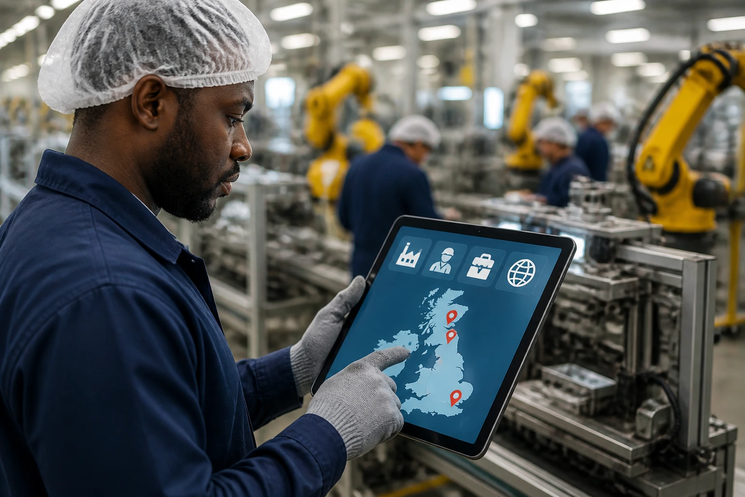 Factory worker on shop floor using tablet to explore sponsorship options