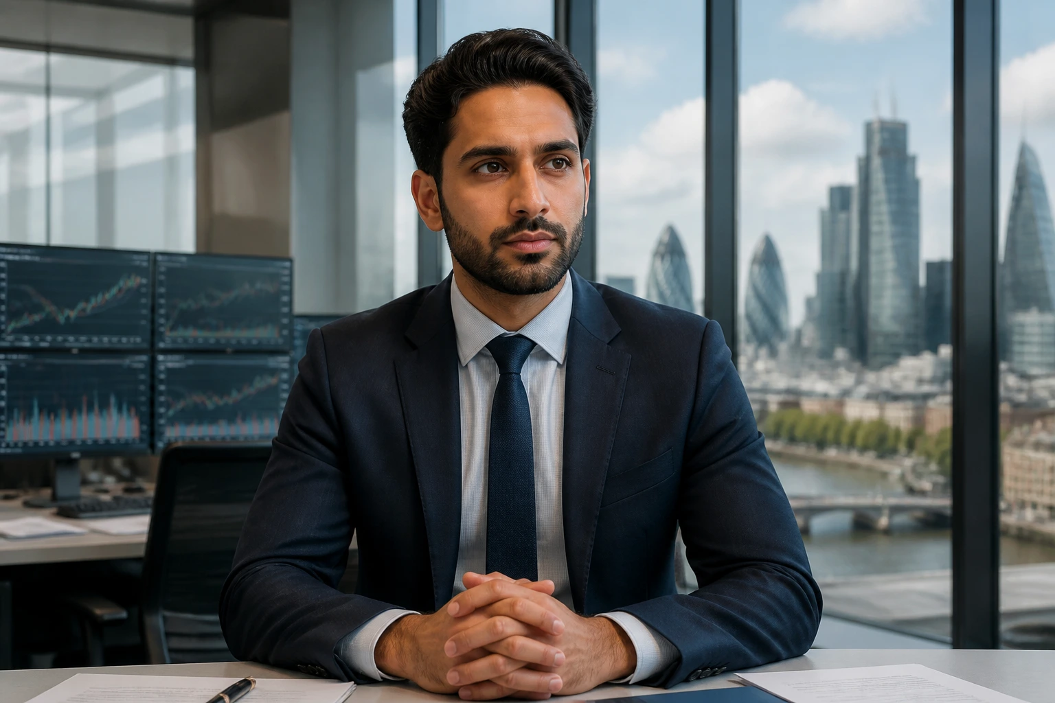 Close-up portrait of a financial analyst in a London office, representing visa sponsorship for UK finance roles