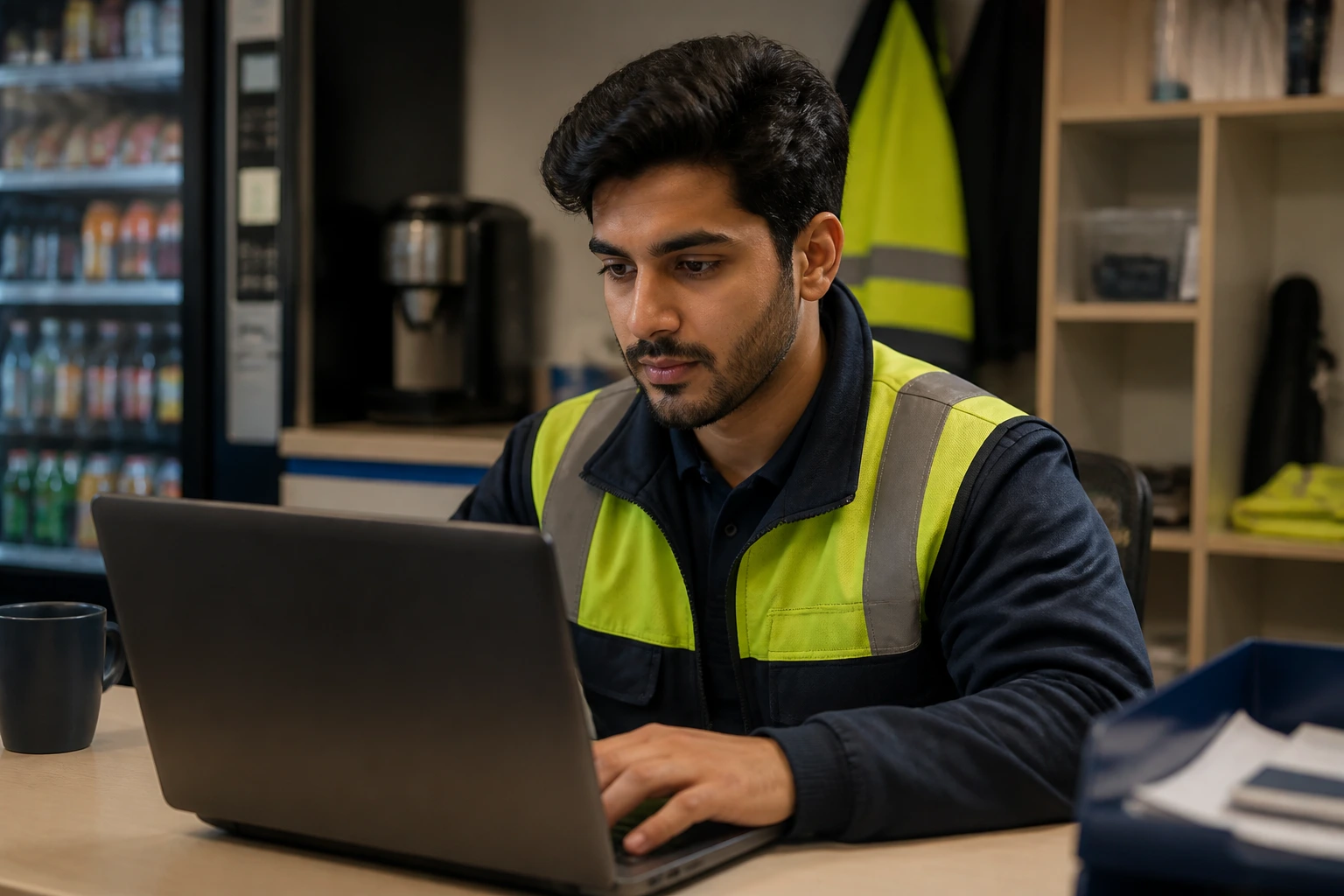 Person at a desk reviewing forecourt job opportunities on a laptop in a staff area