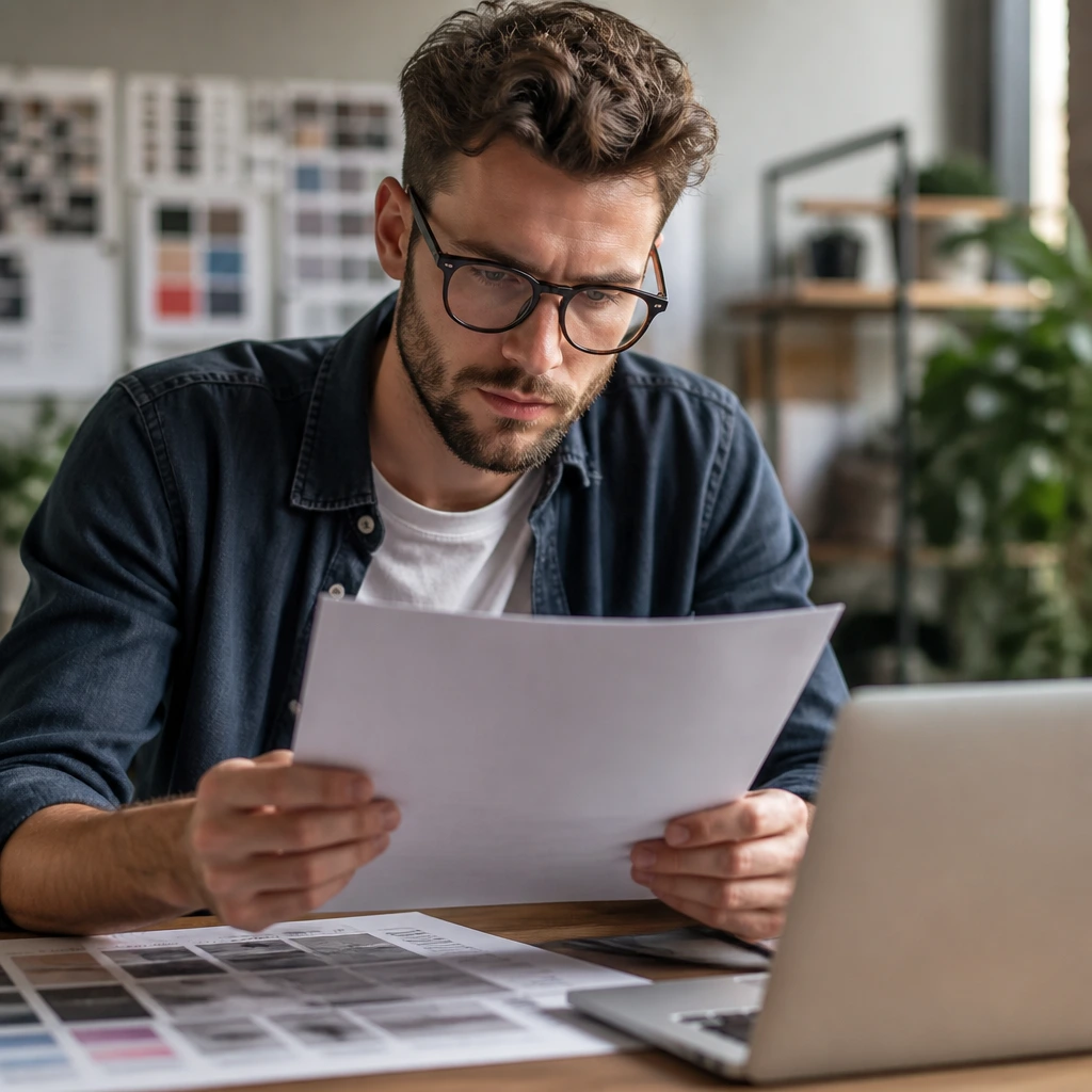 Close-up portrait of a graphic designer reviewing visa guidelines in a bright office