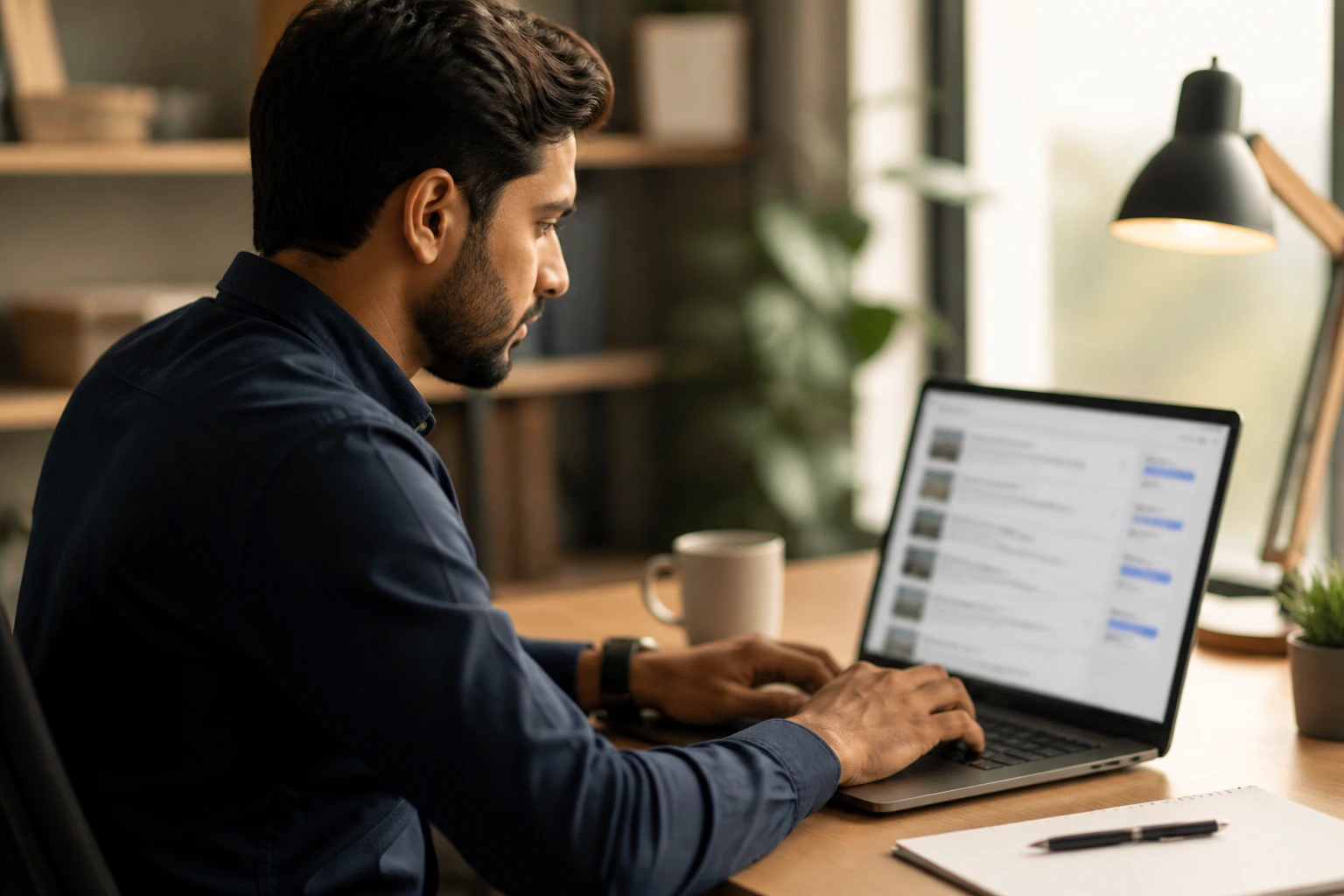 Professional searching for visa sponsorship jobs on laptop with blurred listings