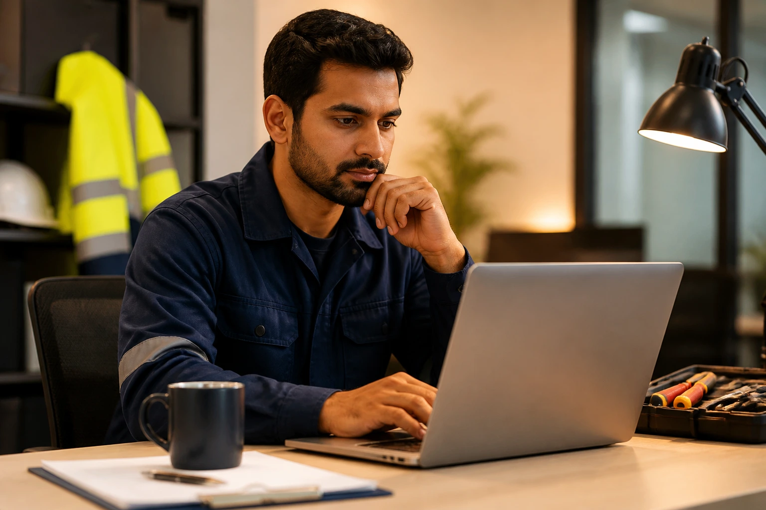 Person searching for UK building maintenance jobs with visa sponsorship on laptop